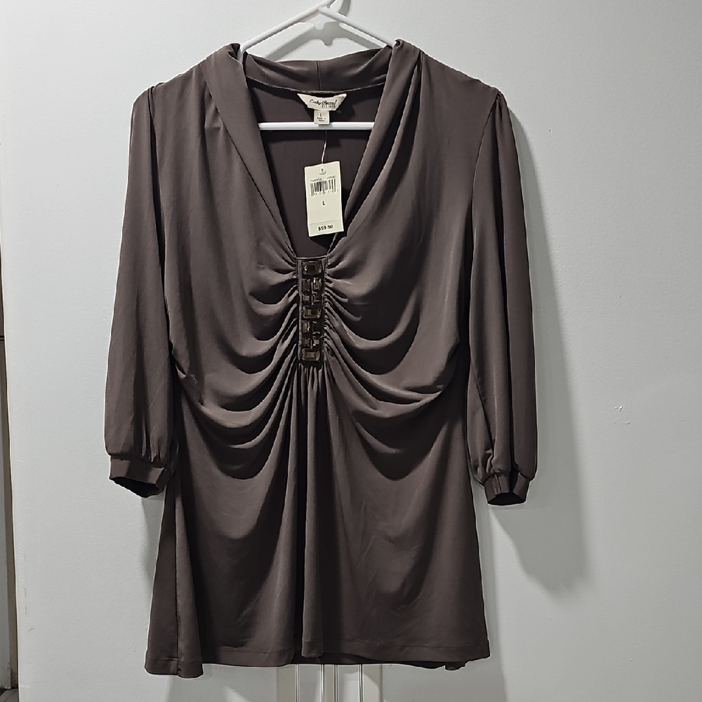 Lucky Brand EST. 1990 Women’s Olive Green Balloon 3/4 Sleeve V-Neck Top‎ Size L